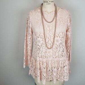 Pink Floral Sheer Lace Peplum Blouse with 3/4 Sleeves by Joie Ladies Size Small